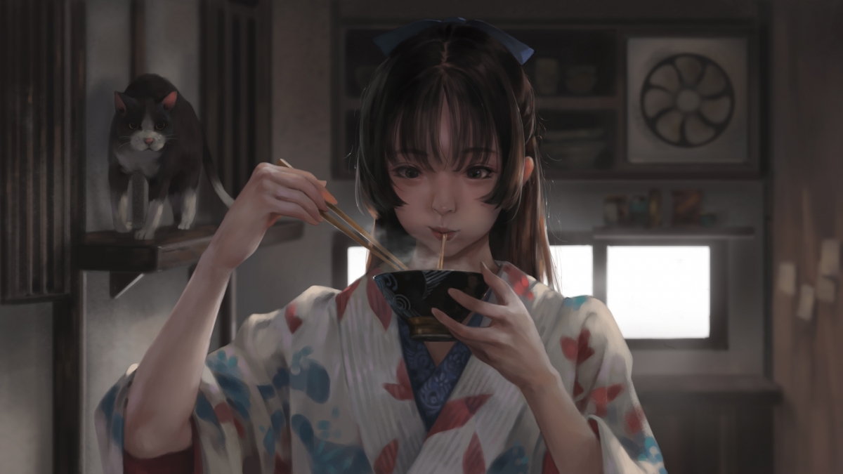 女孩品尝面条，绝美4K动漫壁纸，高清4000x2250，一键下载