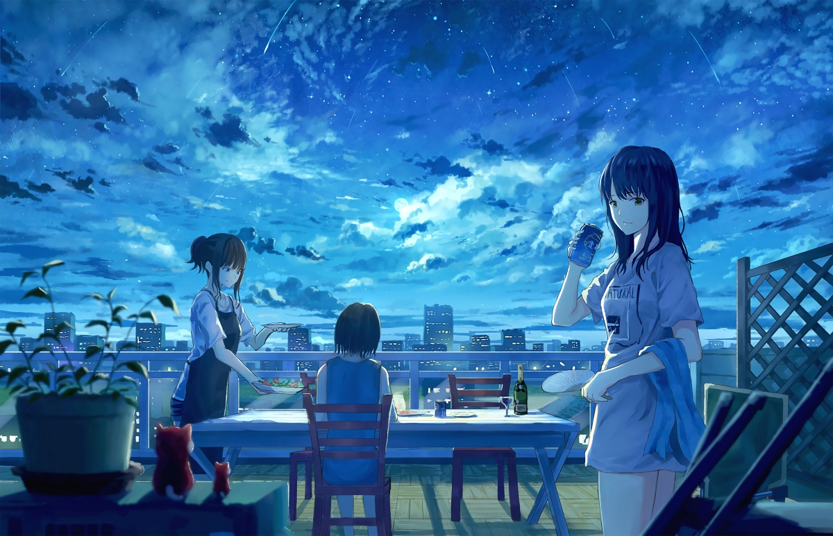 月见星空，女孩子与流星下的聚会，精选4K动漫壁纸，高清大图下载
