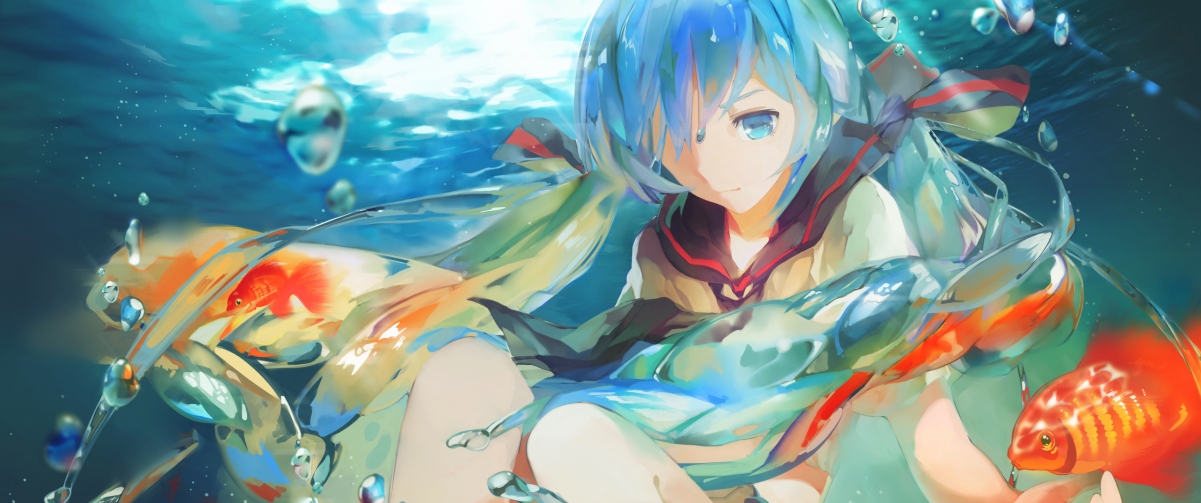 初音未来VOCALOID，水下金鱼幻境，绝美4K动漫壁纸，高清3440x1440下载
