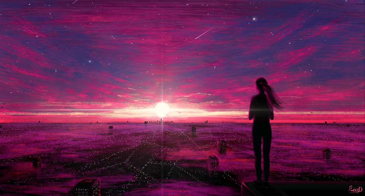 闪耀少女背影，城市日落美景，超高清4K动漫壁纸免费下载