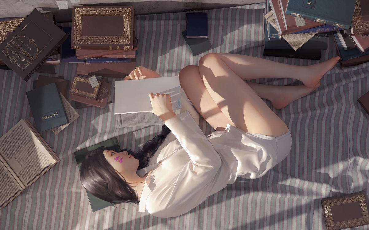 二次元可爱女孩床上阅读，白衬衫美腿抢镜，4K高清动漫壁纸下载