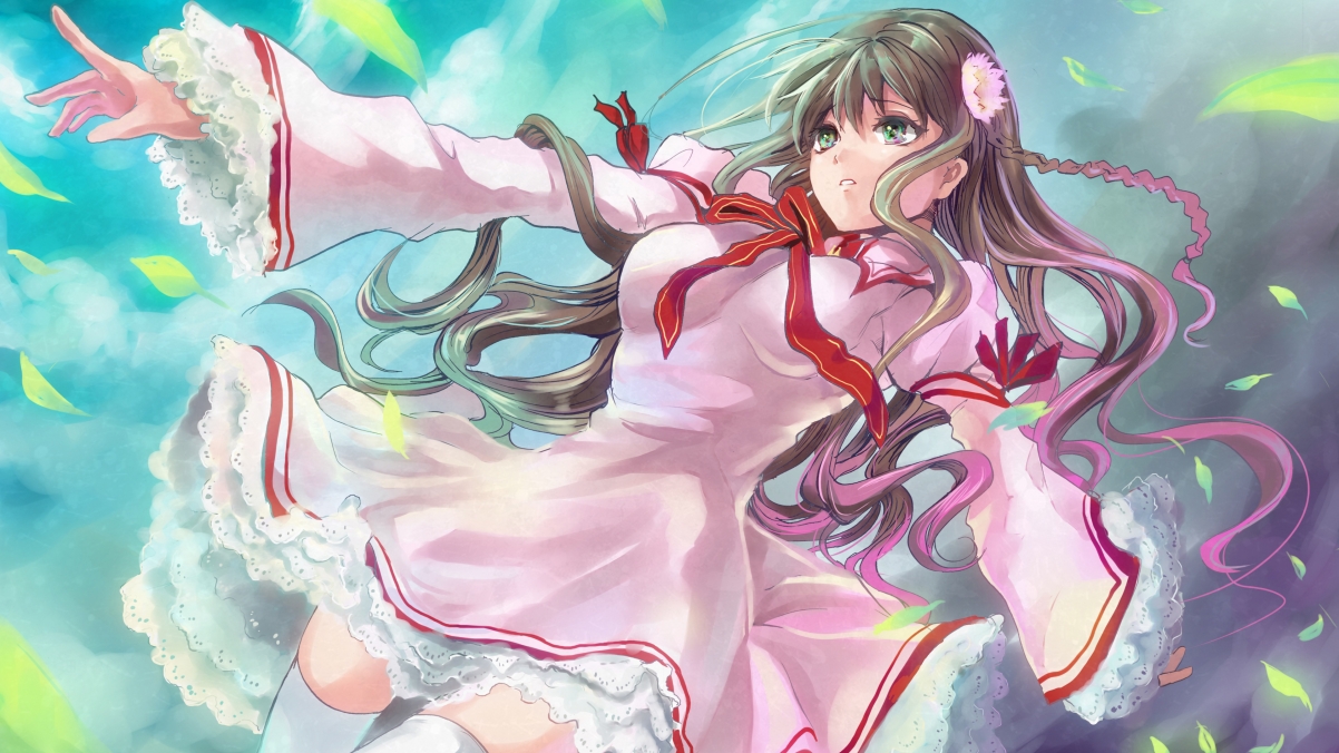 高清4K动漫壁纸，天空树叶间的可爱动漫女孩，3840x2160分辨率下载
