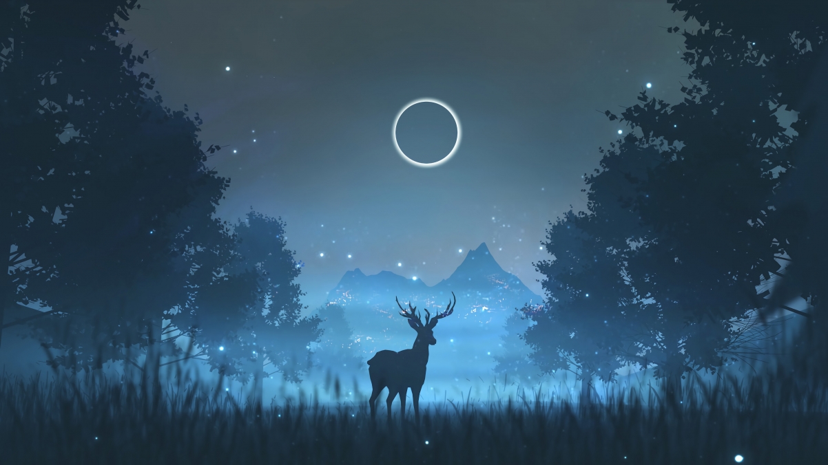森林月夜鹿影，唯美高清4K壁纸，3840x2160分辨率畅享下载