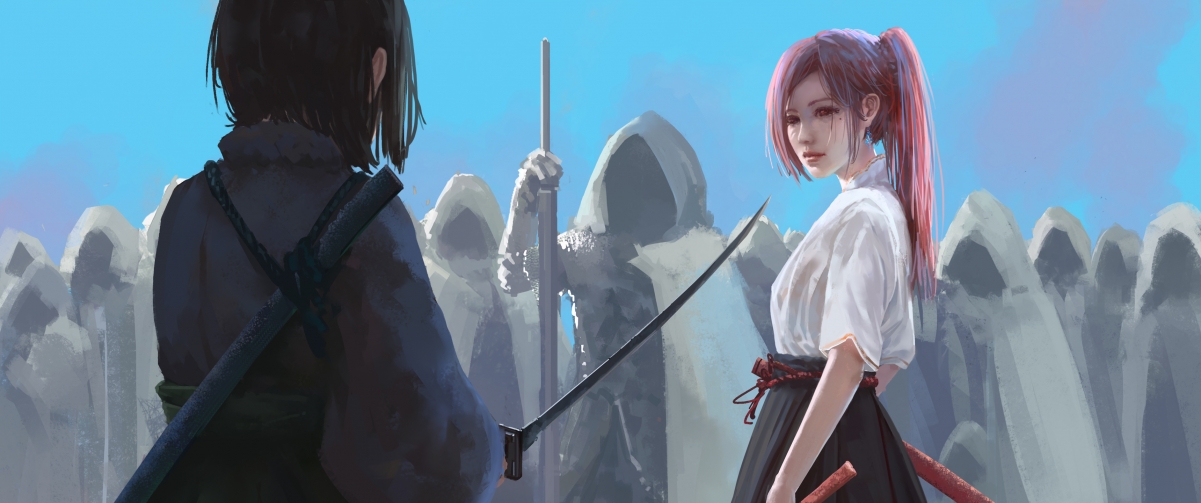 女生激战斗篷武士，精选4K动漫插画壁纸，高清3440x1440，一键下载！