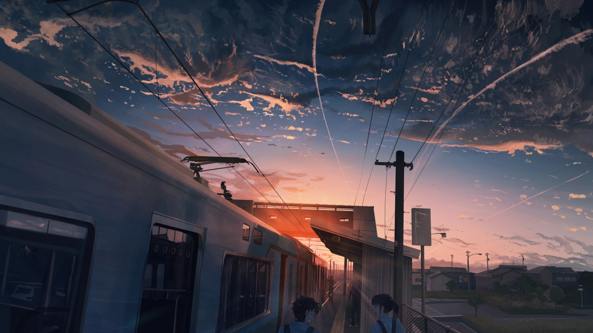 天空夕阳电车动漫，绝美4K风景壁纸，3840x2160高清下载
