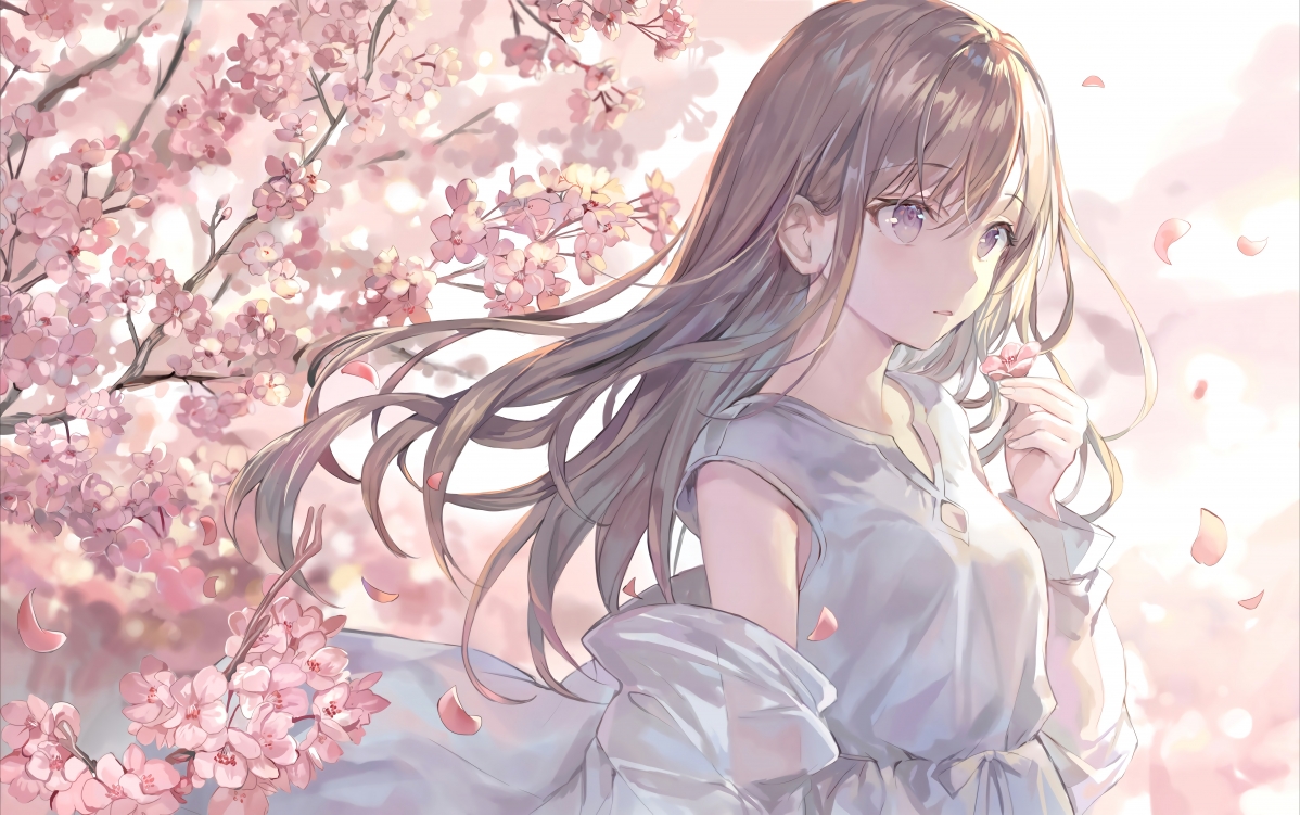 樱花漫舞，茶发长裙少女绝美壁纸，超清4K动漫图，7680x4816高清下载