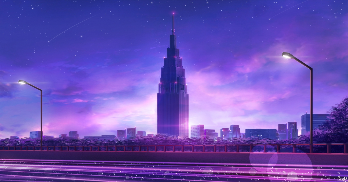 城市之夜，路灯映公路，星空流星舞，唯美风景4K壁纸，高清动漫图片下载