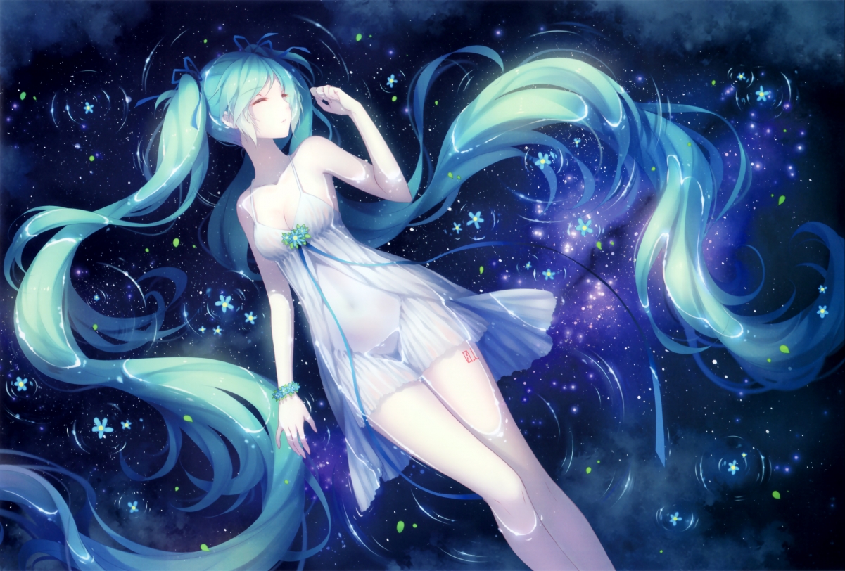 初音未来唯美壁纸，蓝色水与花瓣交织，秀发飘逸，4K高清动漫图片下载