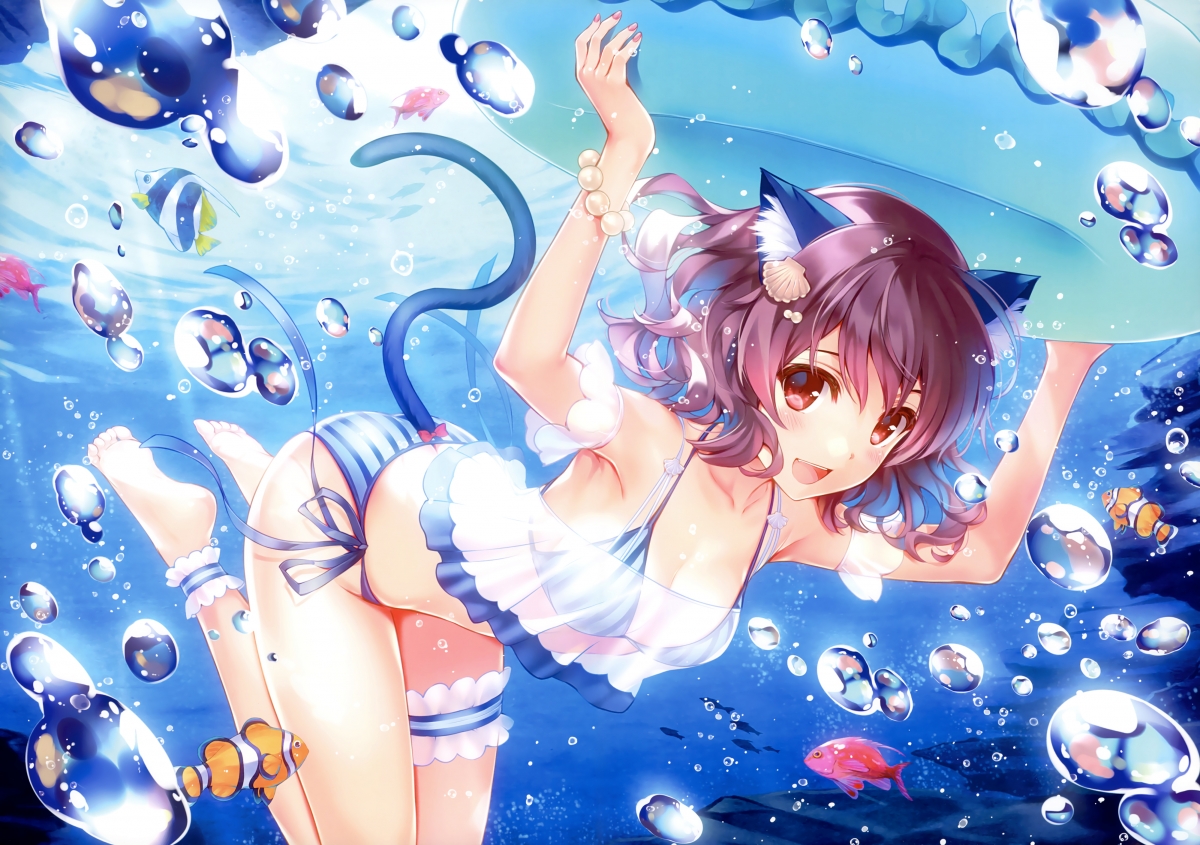比基尼猫女泳装水下梦幻泡泡，4K超清动漫壁纸，高清4000x2816免费下载