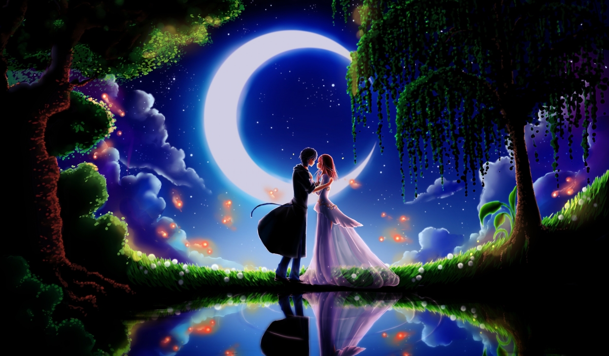 浪漫夜绘，月夜云伴，双人约会，萤光树影，月亮湖畔，超清4K动漫壁纸下载
