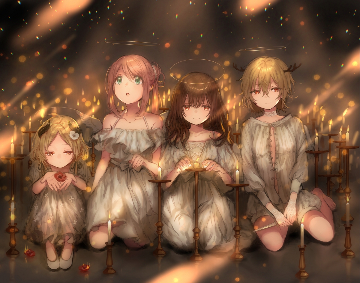 灯火下的童梦，四小女孩4K动漫壁纸，高清大图下载，尺寸4000x3148