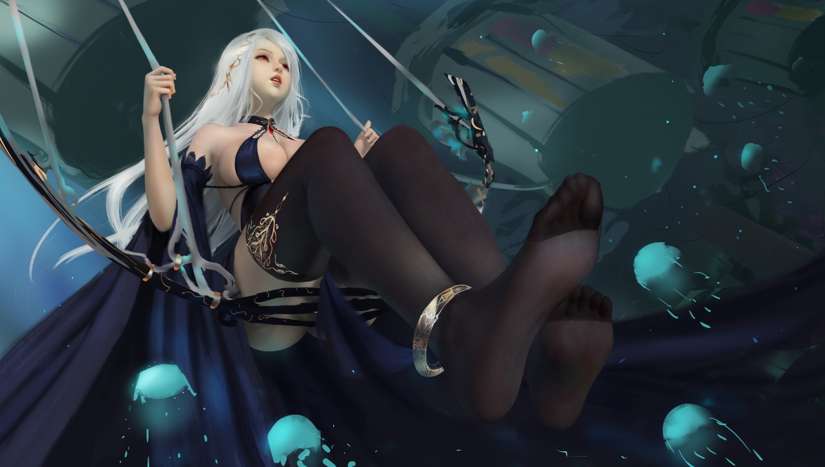 美女秋千倩影，黑丝插画韵味，超高清4K动漫壁纸下载