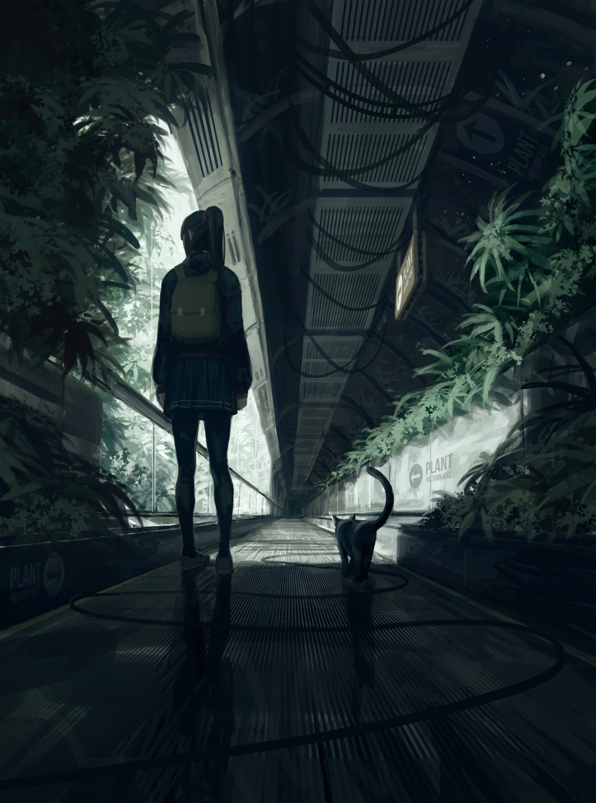 夜晚走廊邂逅，动漫女孩马尾飘扬，校服背包萌态尽显，连裤袜小猫添趣，4K高清竖屏壁纸下载