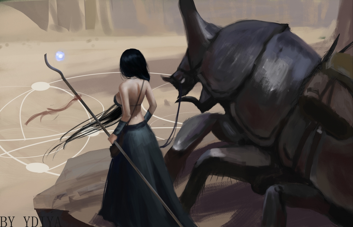 女子驭魔杖战巨兽，惊艳4K动漫壁纸，高清4000x2574免费下载