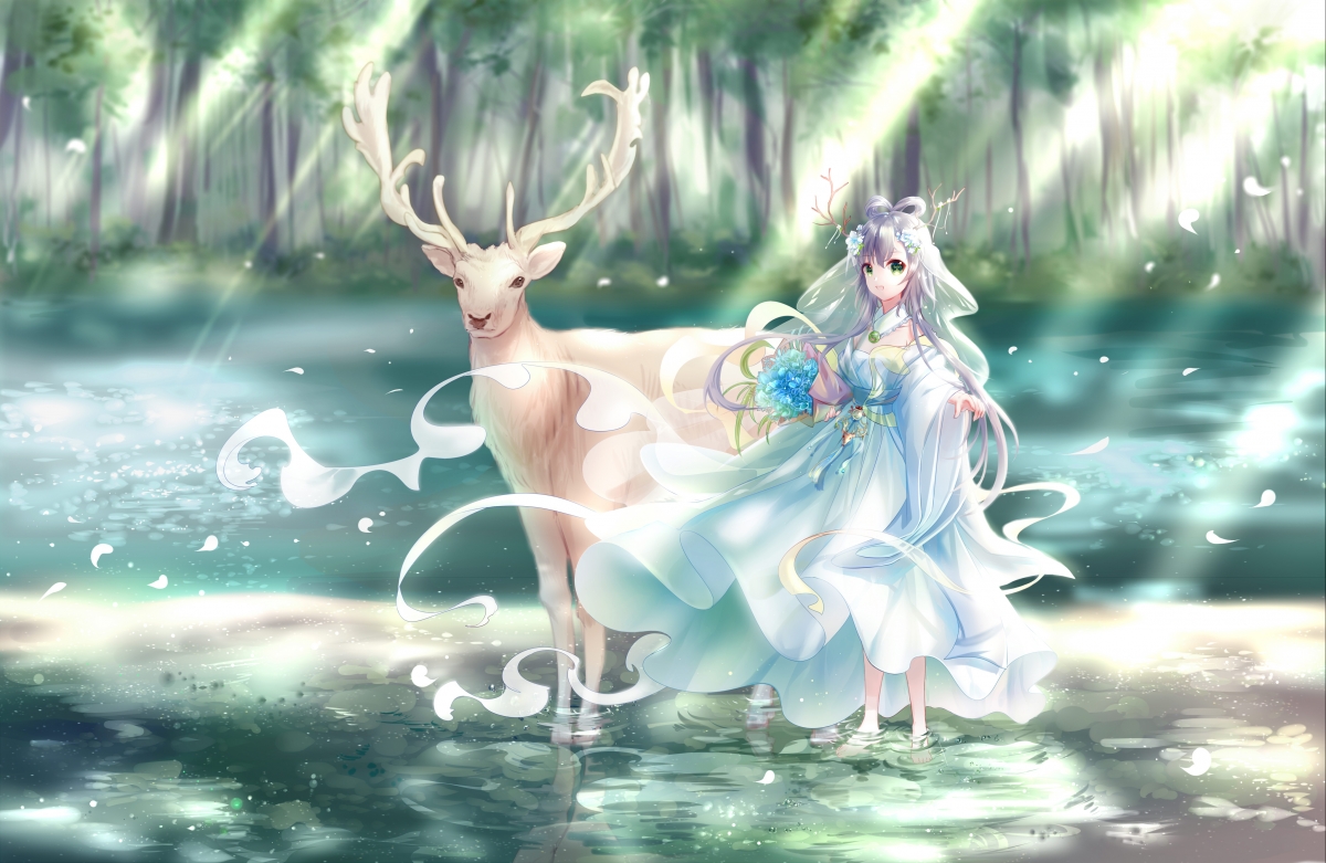 洛天依森林奇遇，绿鹿伴行，Yaduo铮粽子原创4K动漫壁纸，高清下载