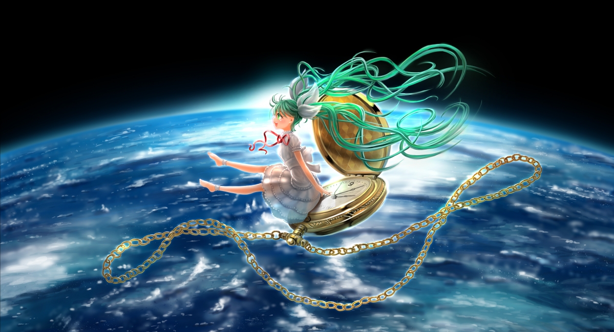 女孩太空旅行，行星链怀表与初音未来，绝美4K动漫壁纸下载