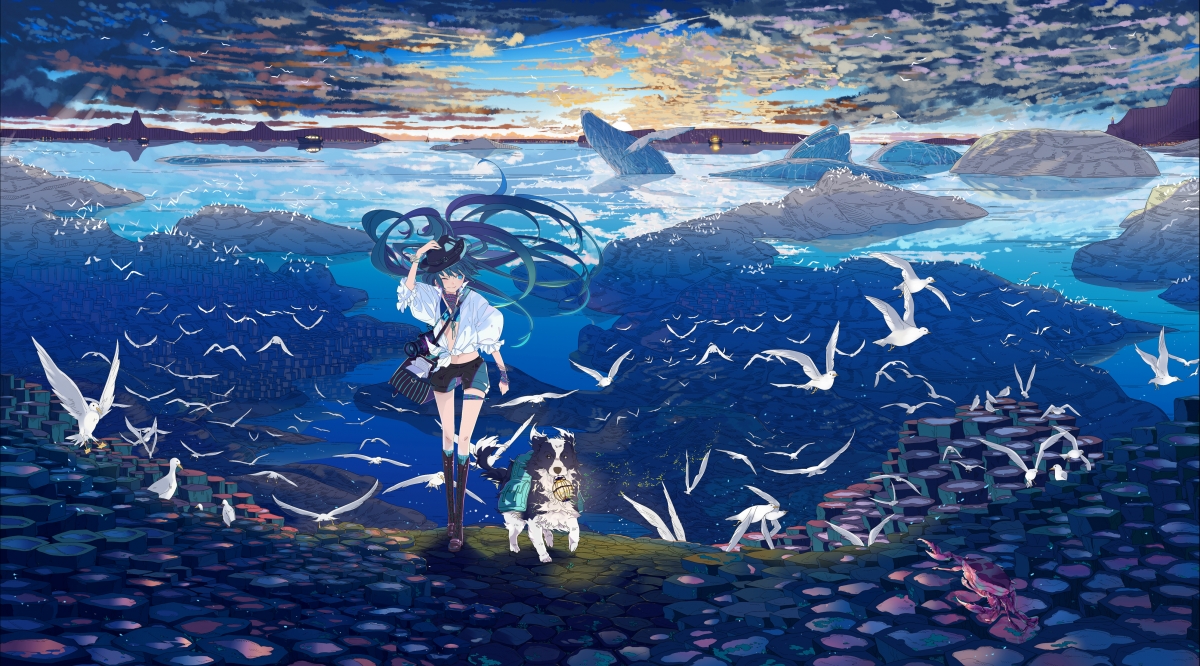 日落天空云鸟海景，VOCALOID女孩与小狗共舞，初音未来4K超清壁纸下载