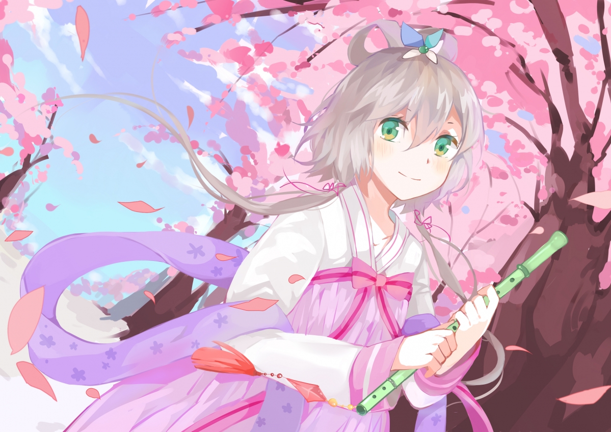 洛天依古风插画，桃花春韵，笛声悠扬，高清4K壁纸惊艳下载