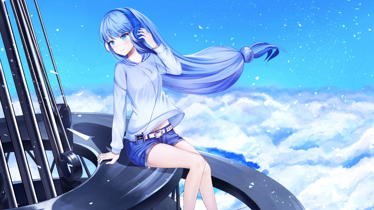 蓝色天空下的长发少女，身着牛仔短裤，畅享音乐，唯美4K动漫壁纸高清下载