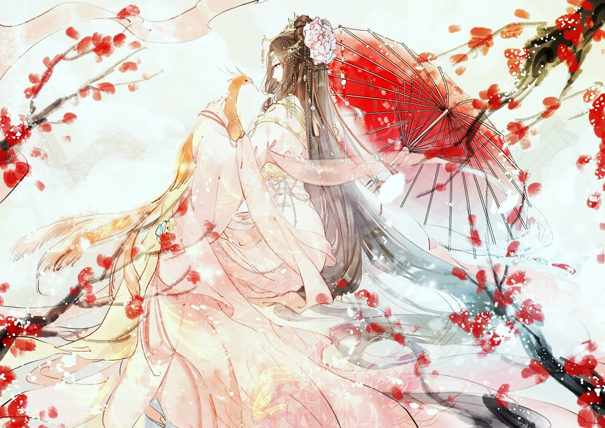 女子持伞舞孔雀，唯美动漫花韵，高清4K壁纸下载