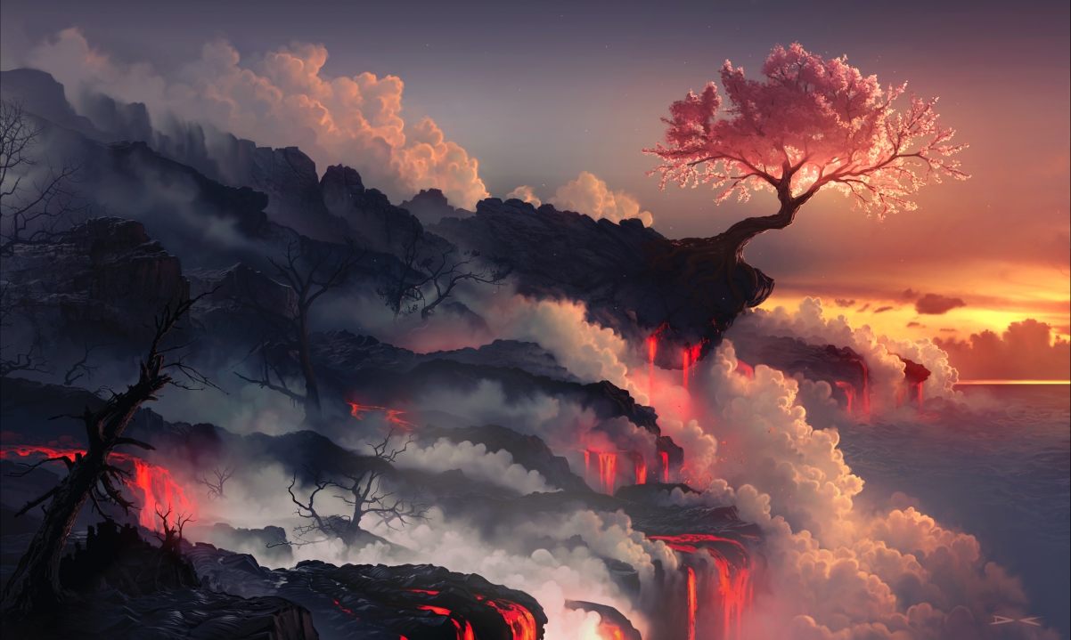 绝美天空云卷云舒，火山树影交相辉映，4K高清艺术壁纸，4500x2694免费下载