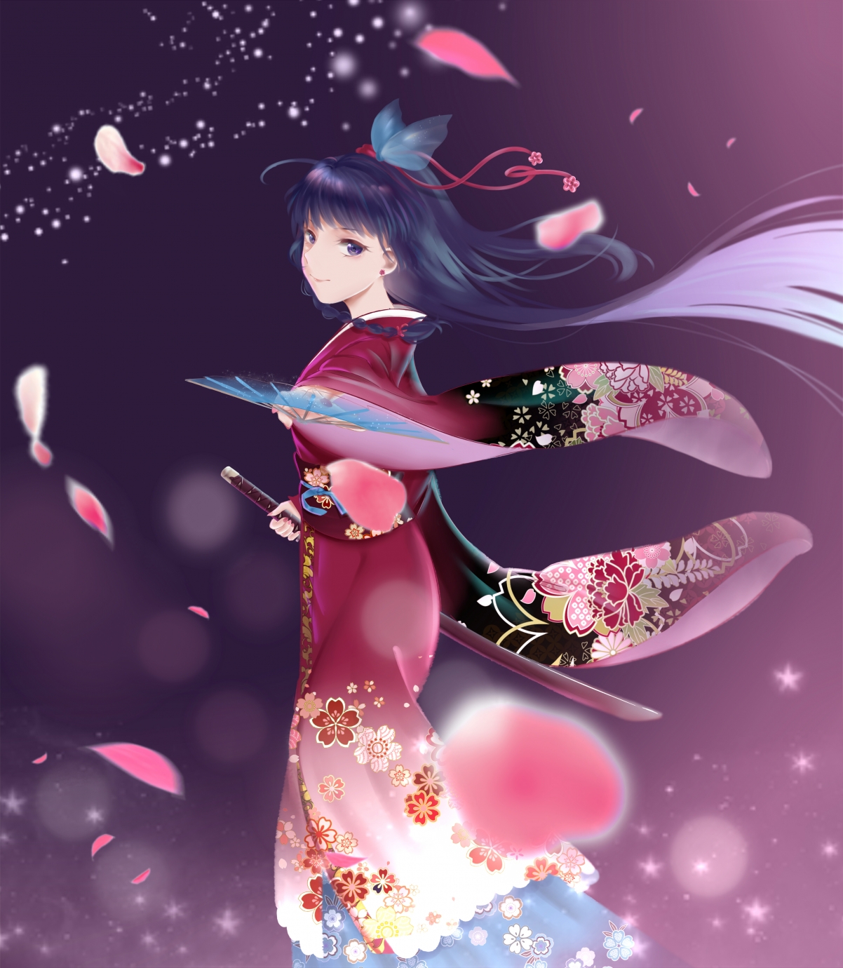 唯美日本动漫女生，和服轻舞，花瓣飘落，武士刀光映，4K超清手机壁纸下载