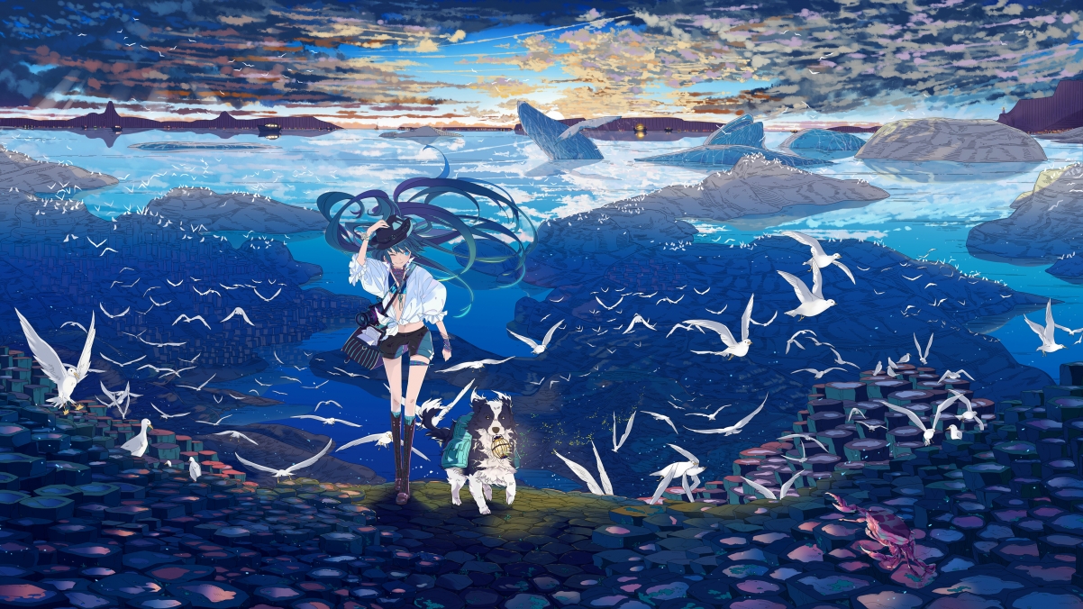 初音未来与萌宠共舞，鸟儿、小狗与海鸥，畅享大海天空美景！4K高清壁纸免费下载