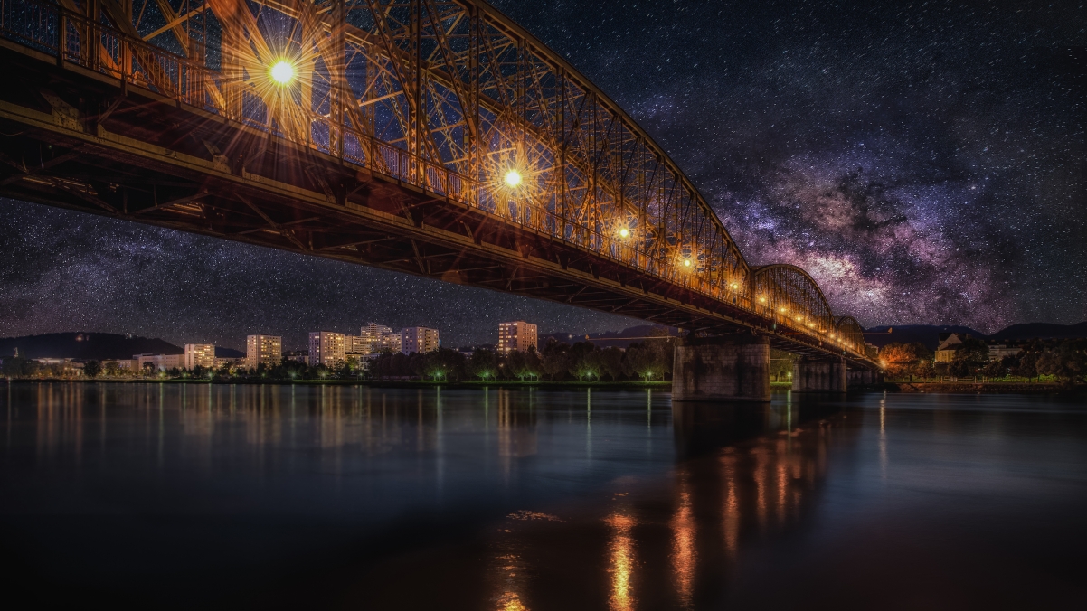 星空桥梁铁路交织，绝美夜间风景4K壁纸，高清3840x2160下载