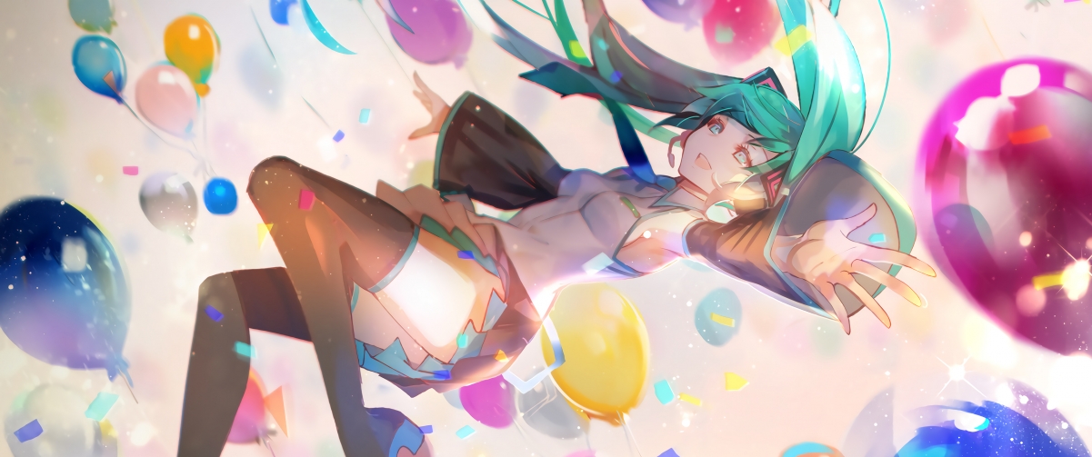 miku初音未来气球主题 4K高清带鱼屏壁纸 3440x1440 动漫美图下载