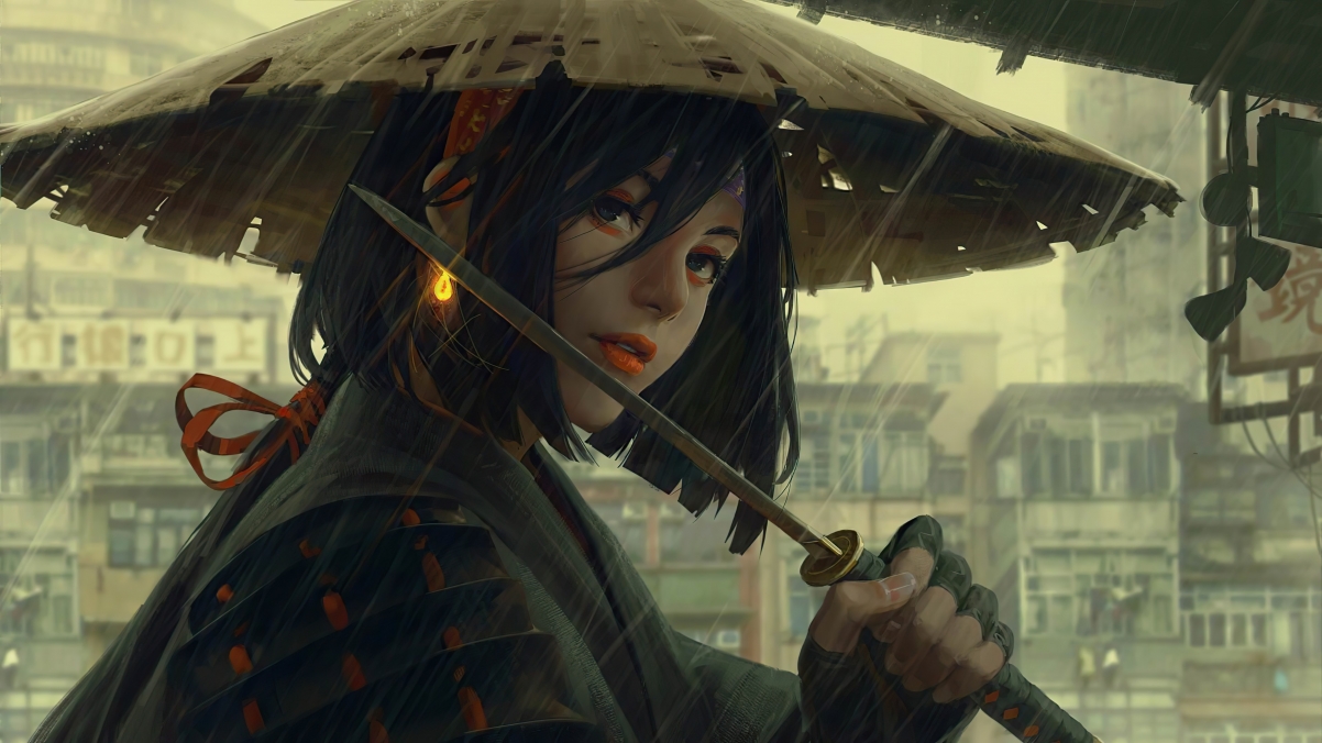 女战士风采，武士女孩戴帽持剑，雨中英姿，4K高清壁纸下载