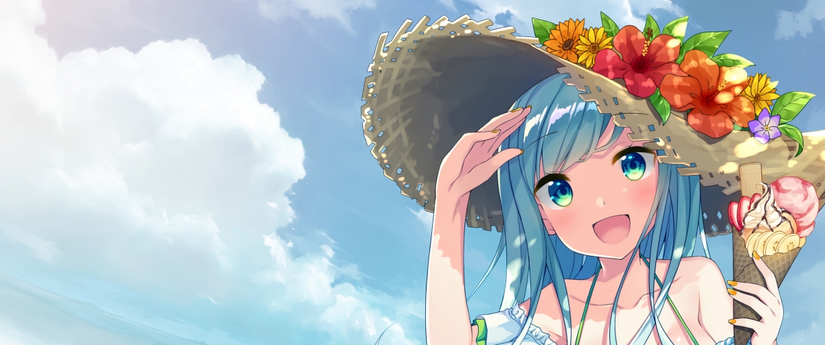 女孩戴帽携花，冰淇凌相伴，精选4K动漫壁纸，3440x1440高清下载