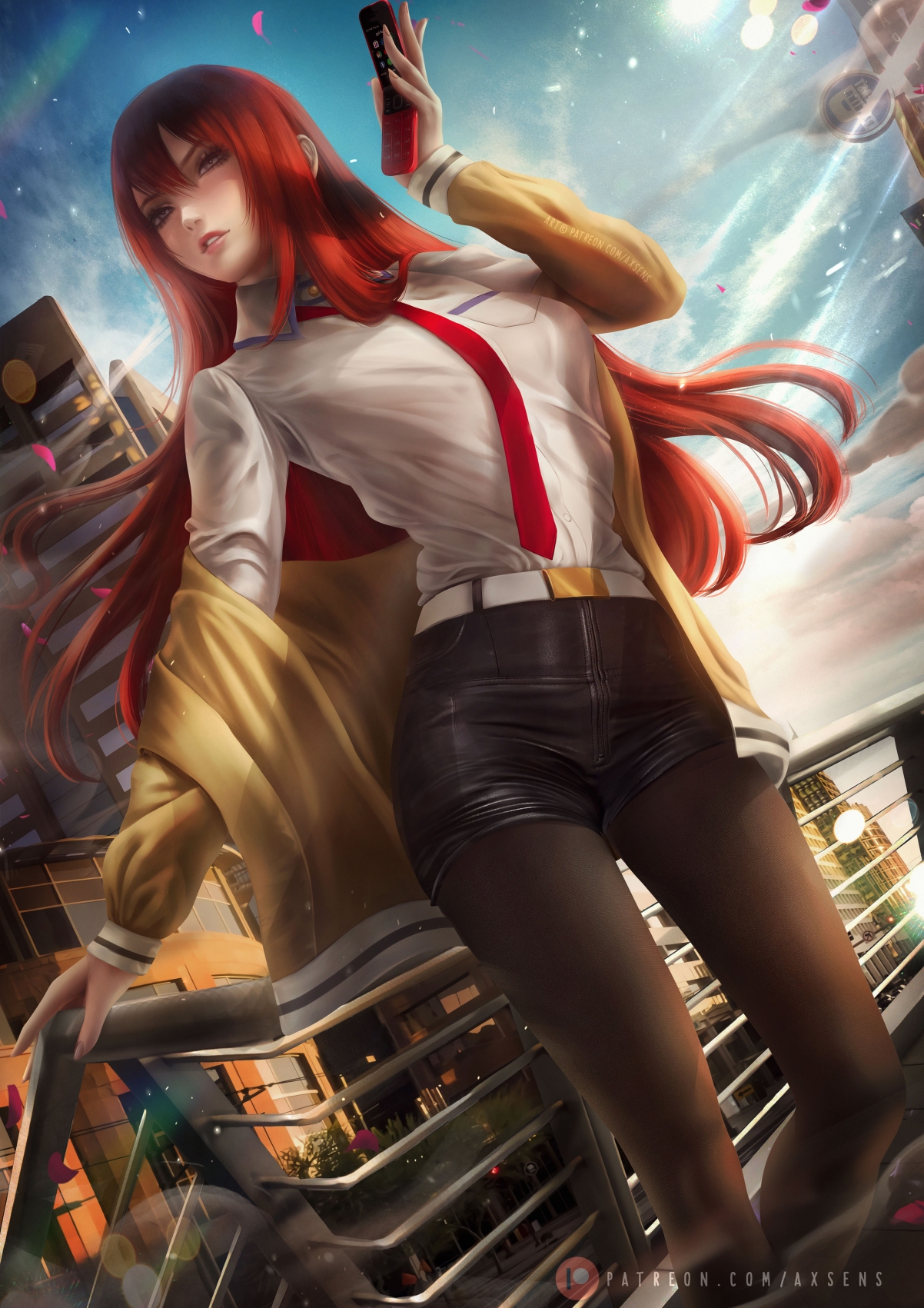 红发美女翻盖手机造型，红领带白衬衫搭配，黑短裤黑丝袜魅力四溢，4K高清壁纸下载