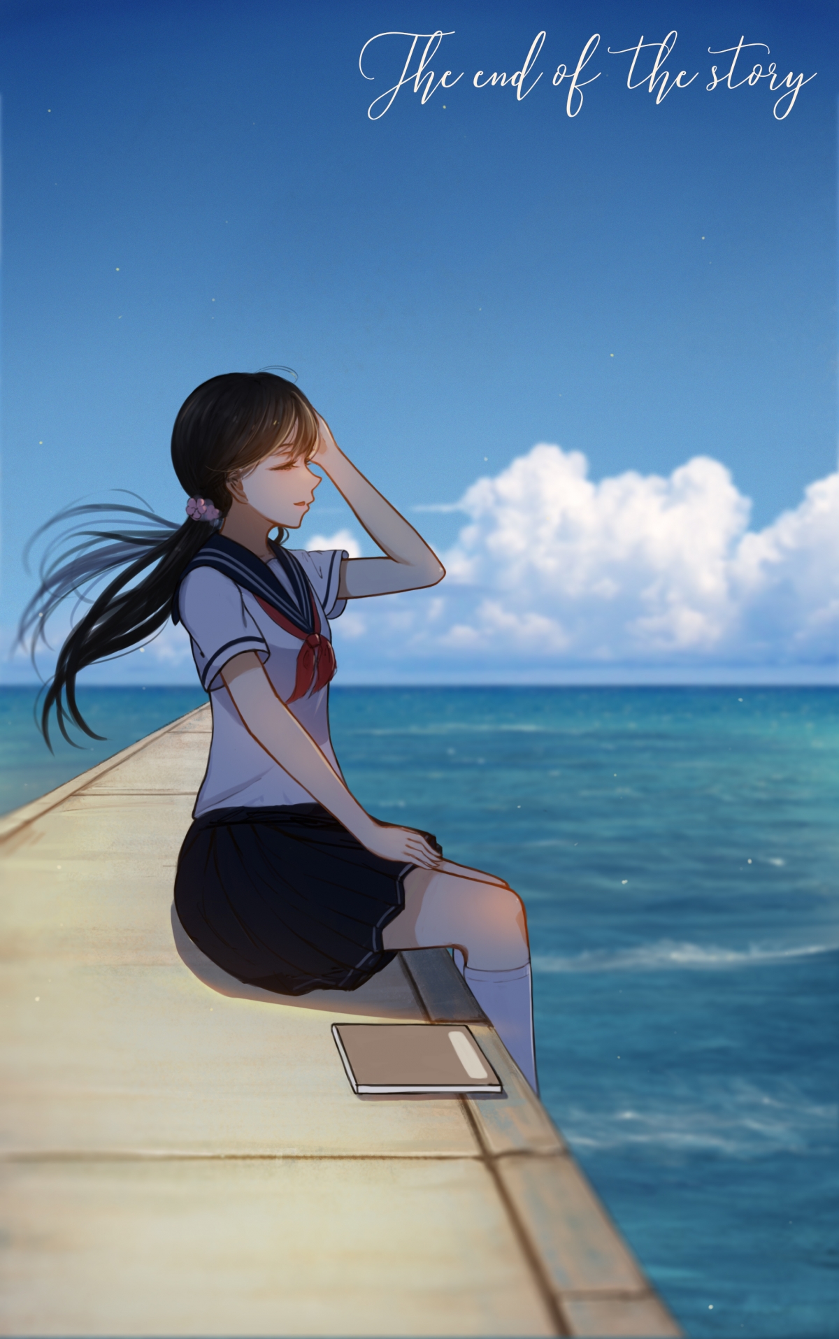 夏日长发少女水手服插画，海边记事本风情，高清3K/4K手机壁纸下载