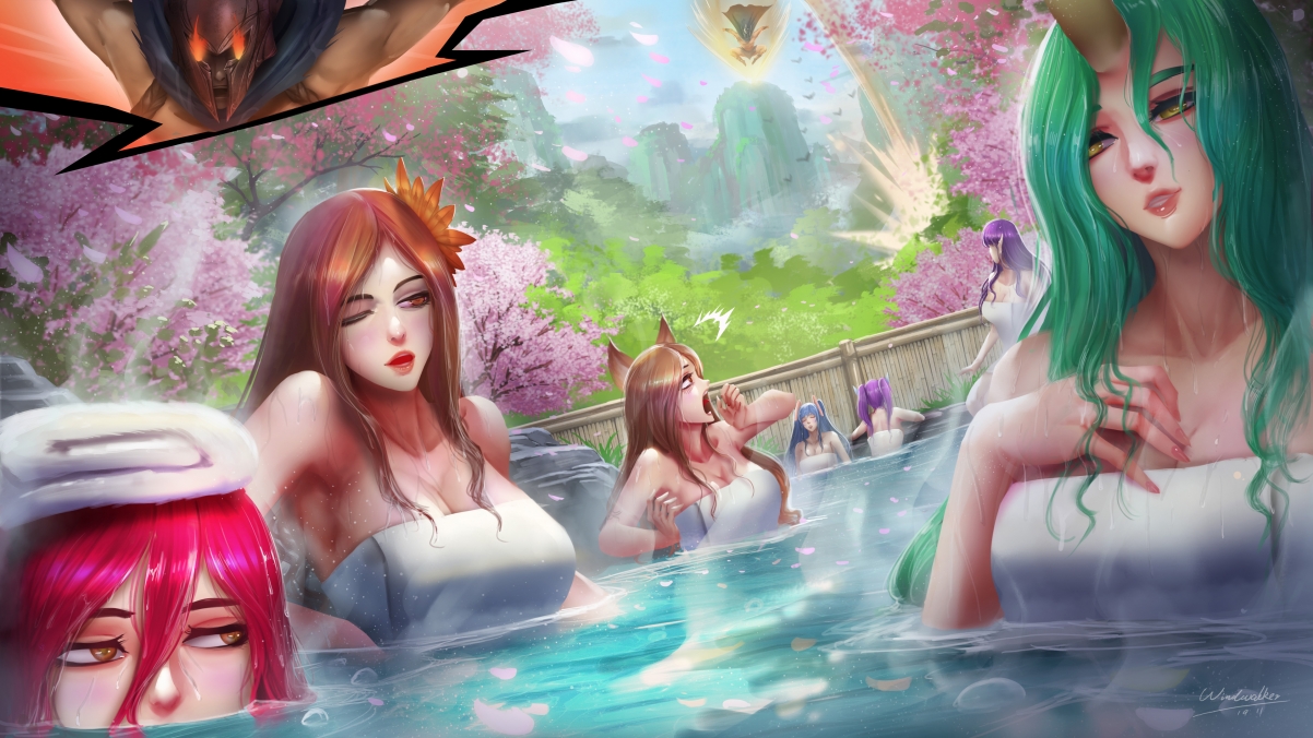 山谷花影温泉浴，美女沐浴美景赏，4K高清动漫壁纸任选下载