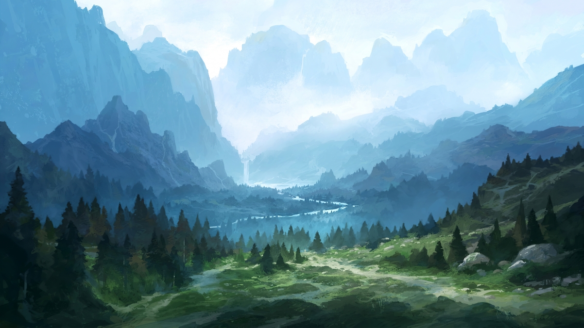 山涧瀑布小径美景，4K高清风景绘画壁纸，3840x2160分辨率畅享下载