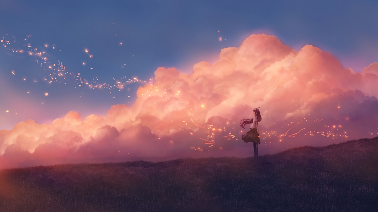 唯美天空草地少女动漫风景，4K超清壁纸3840x2160，高清下载