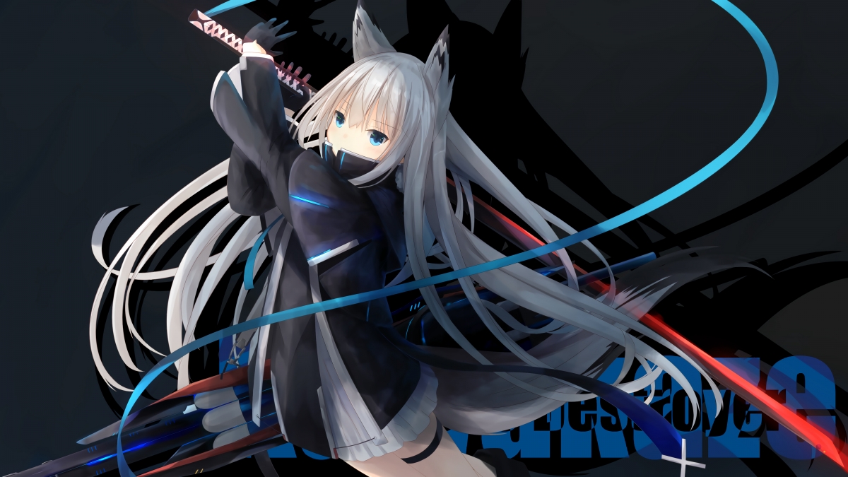 蓝眸少女持刀立，长发飘逸4K动漫壁纸，高清4000x2250免费下载