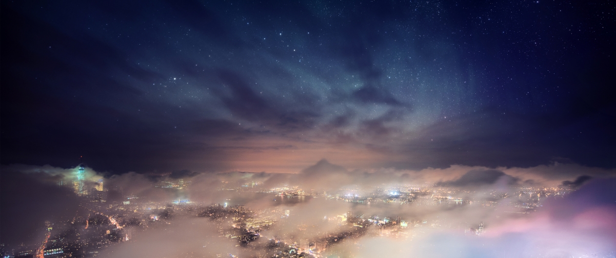 星云之城夜韵，超高清4K风景壁纸，3440x1440精美桌面背景图下载
