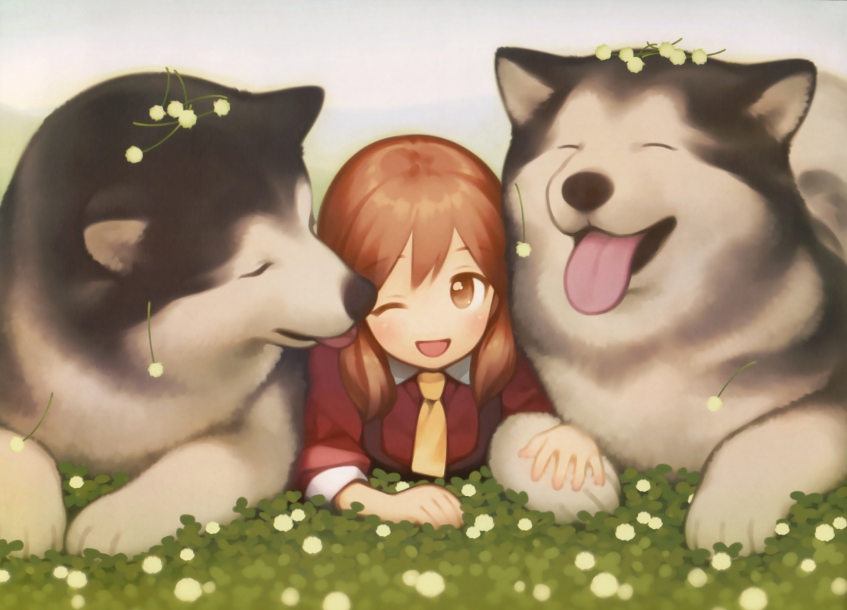 小女孩与哈士奇犬相伴，精选4K动漫壁纸，高清大图3841x2768免费下载