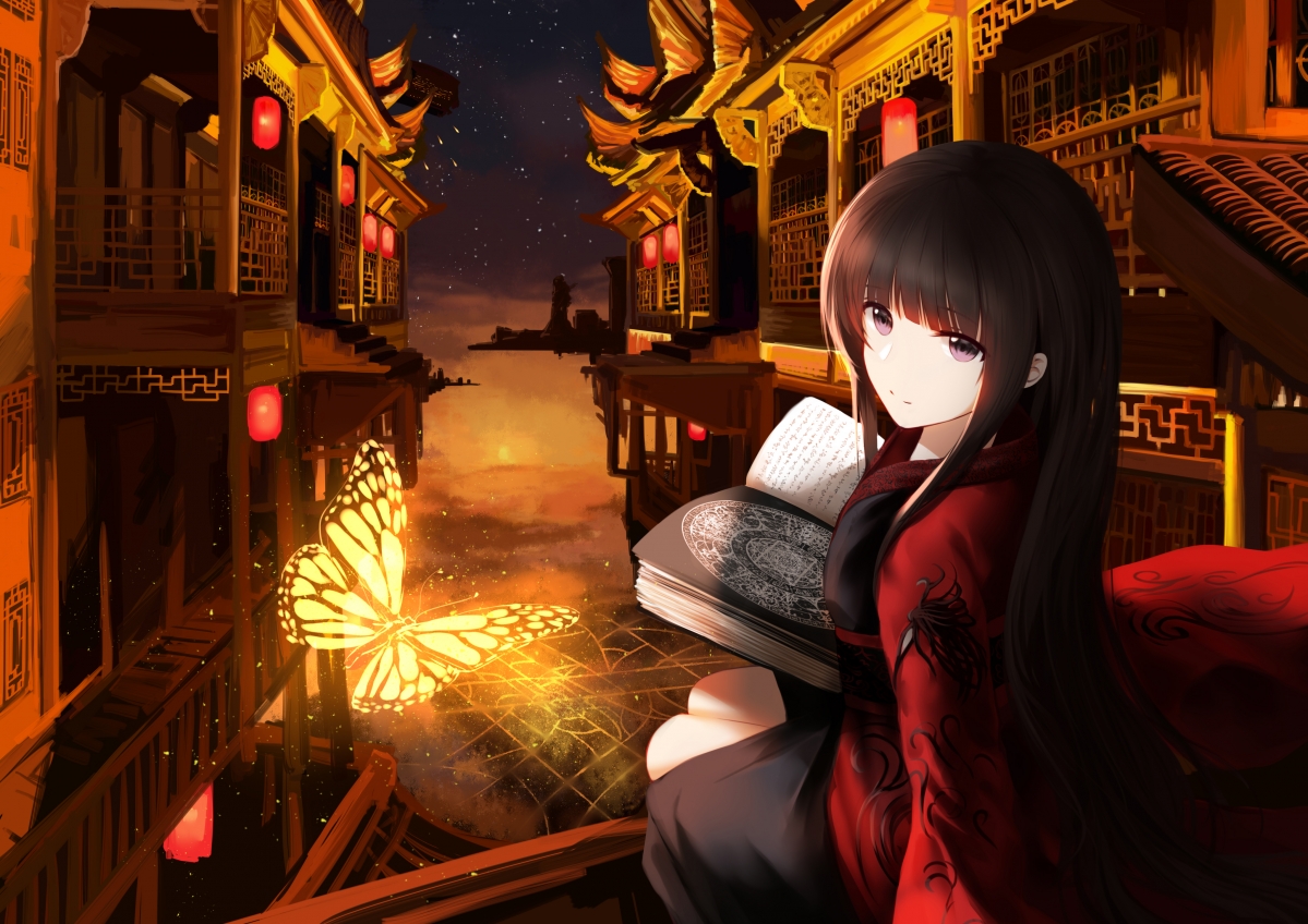 夜晚古典建筑中的蝴蝶与动漫美女，高清4K壁纸下载