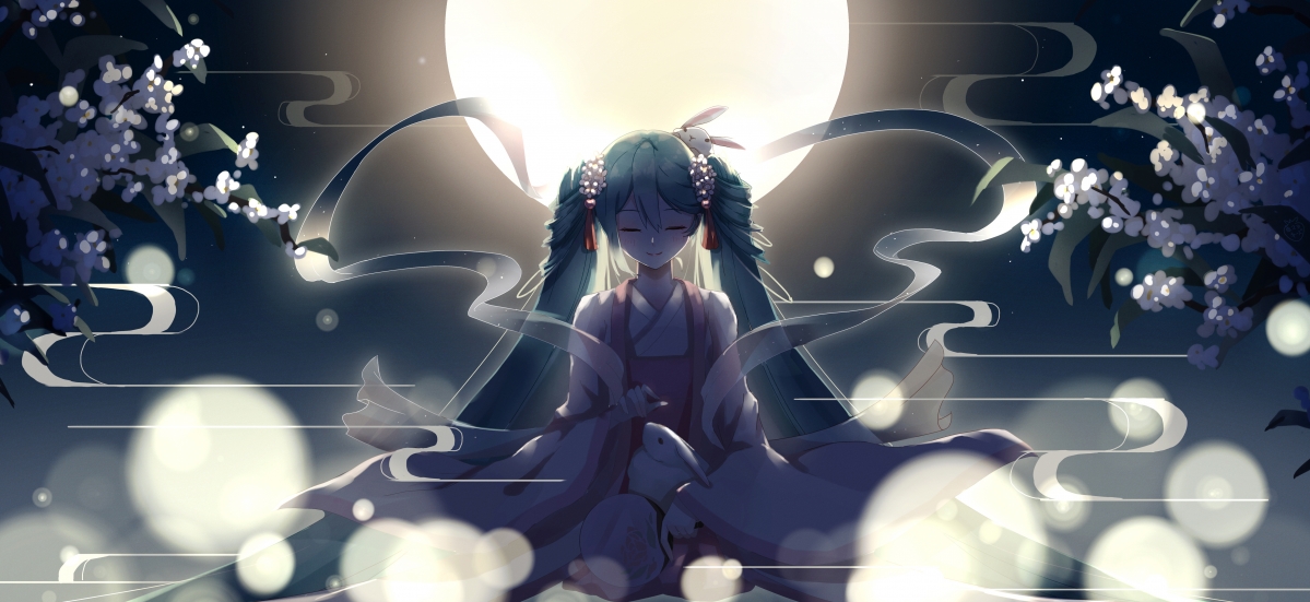中秋节夜，月亮与兔子共舞，初音未来4K动漫壁纸高清下载