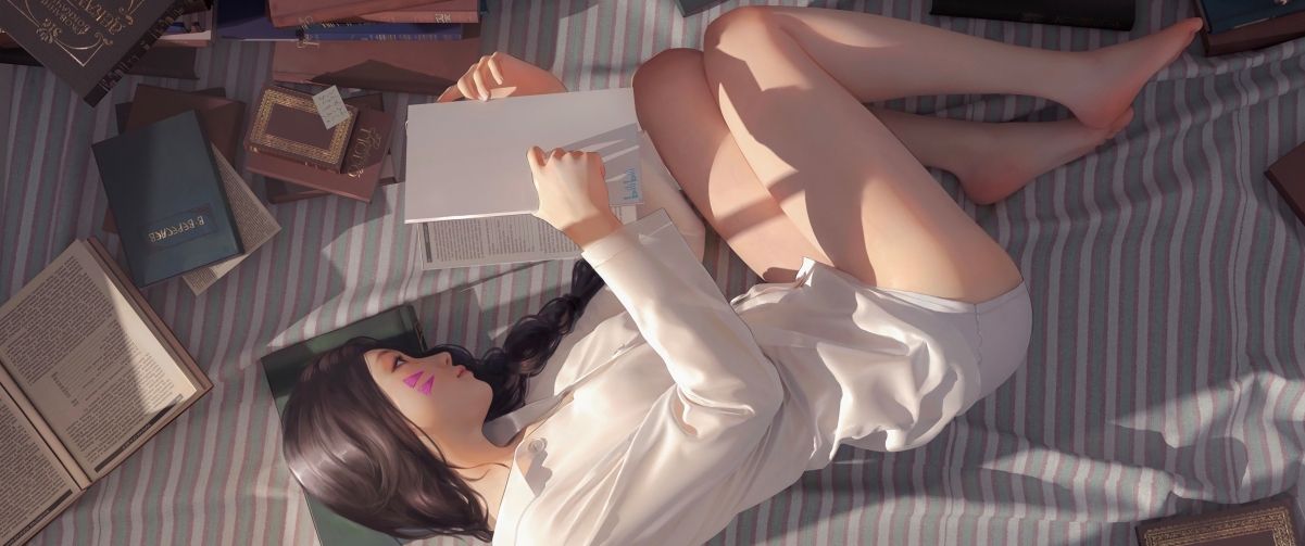 白衣女孩美腿诱惑，床上读书动漫壁纸，4K超清带鱼屏3440x1440下载