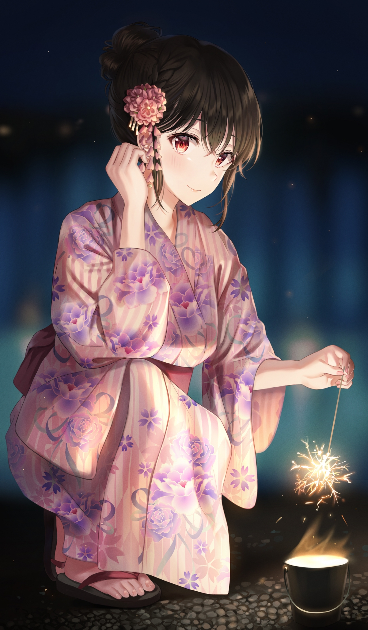 和服浴衣美女壁纸，花火黑发，全屏4K高清，2300x3933精美下载