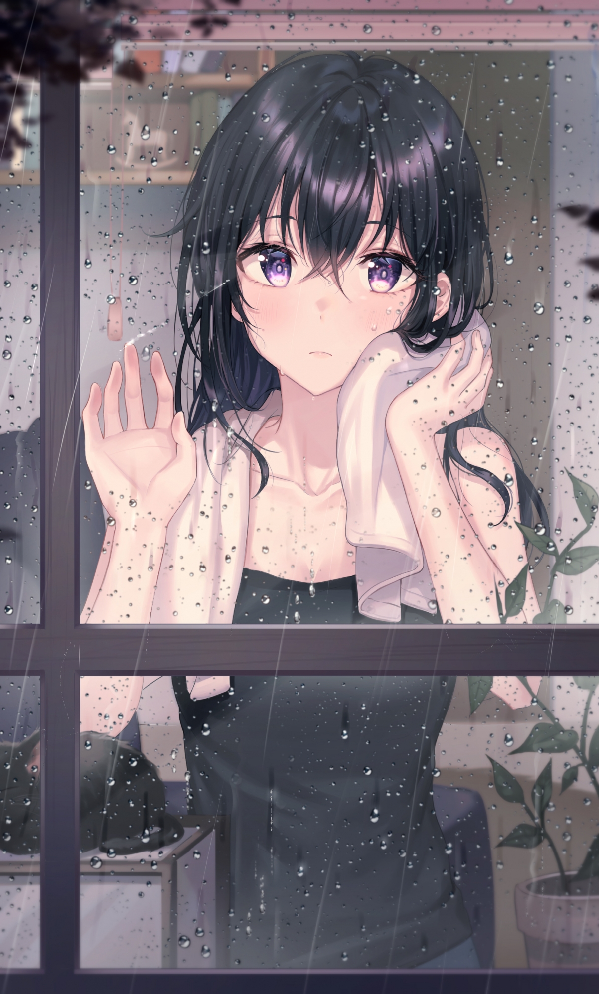 动漫黑发湿发少女，雨天玻璃窗美景，高清4K手机壁纸，1615x2682分辨率下载