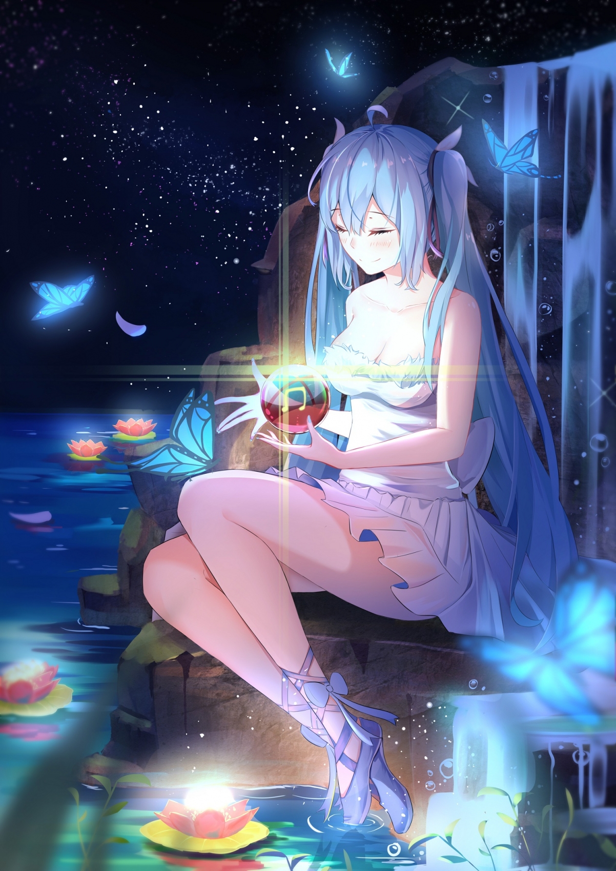 初音未来VOCALOID星空荷花4K高清手机壁纸，唯美星河画面，女孩子专属，1500x2121分辨率下载