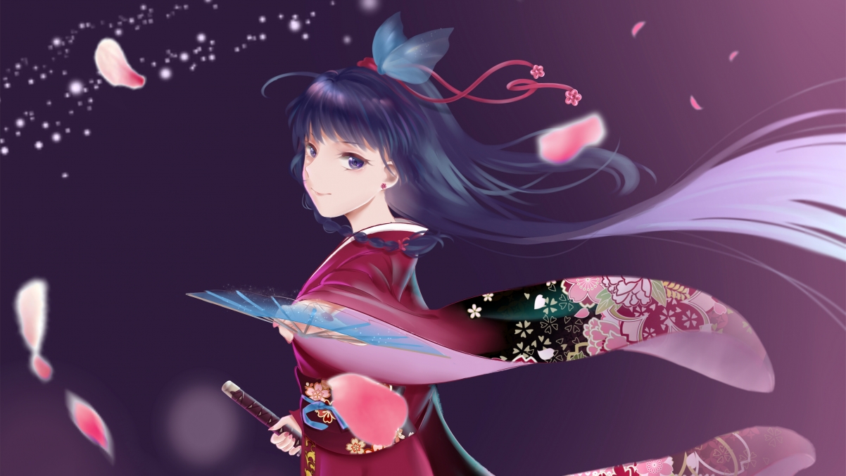 日本动漫女神，唯美武士刀与花瓣交织，4K超清壁纸震撼来袭，3840x2160高清下载