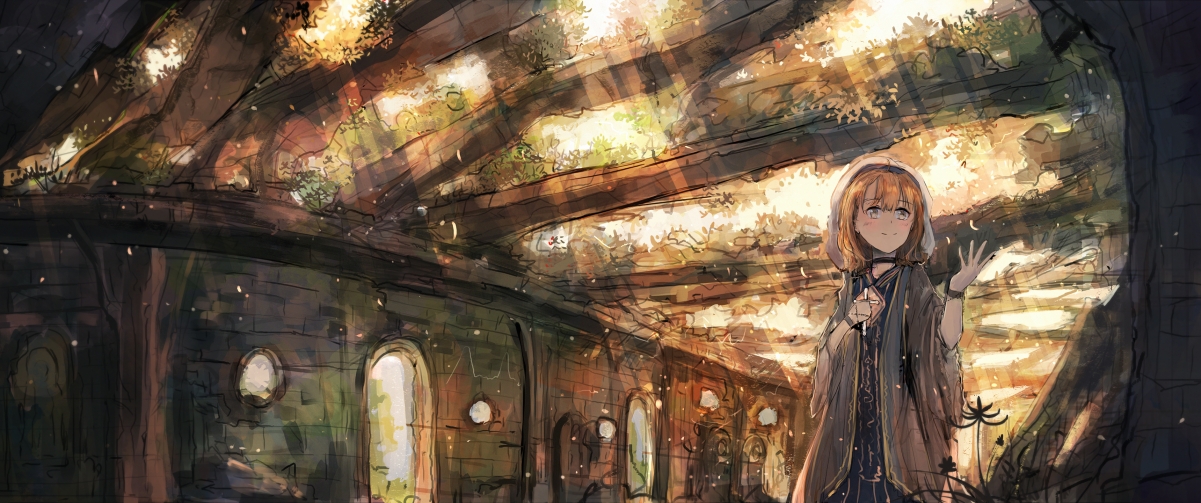 秋日遗迹废墟中的女孩倩影，绝美风景4K动漫壁纸，3440x1440高清下载