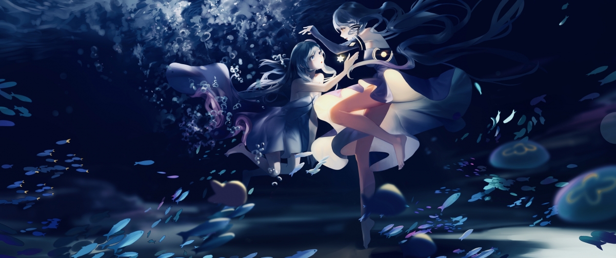少女星沉大海，绝美二次元动漫星尘4K壁纸，高清3440x1440，畅享下载！