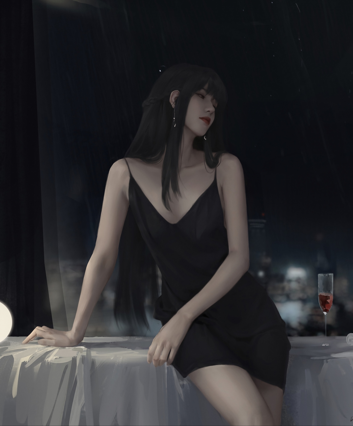 长发美女身着黑色吊带裙，完美身材尽显，高清竖屏4K手机壁纸下载