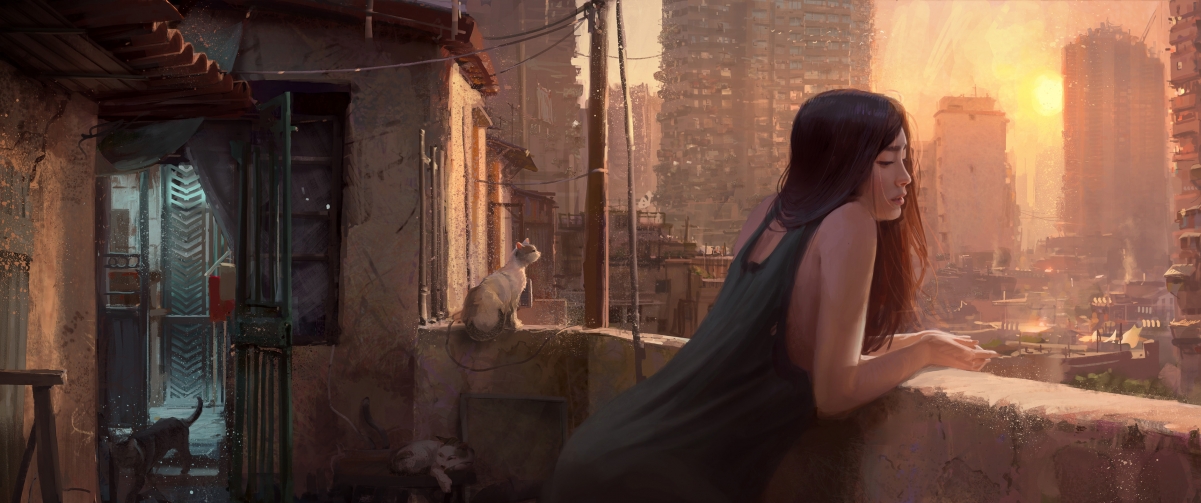 女孩与猫共舞城市阳台，精美插画壁纸，4K高清带鱼屏专属下载